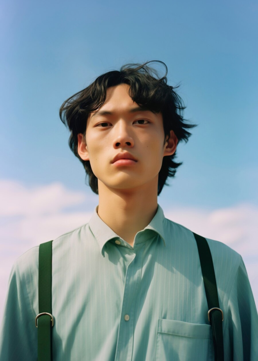 Young man with tousled dark hair wearing a light blue shirt and suspenders against a clear sky