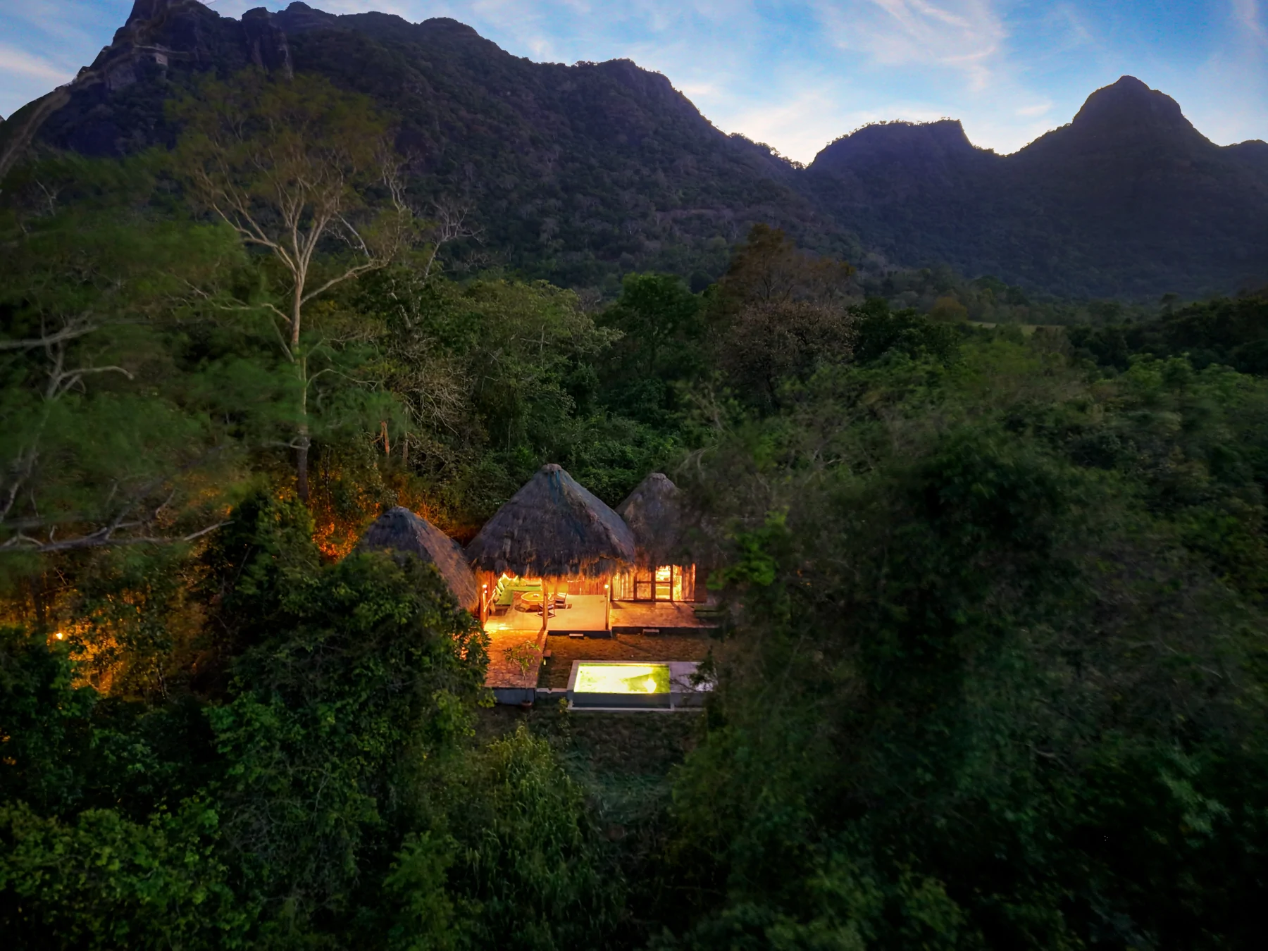 Evening overhead view of Signature Bungalow