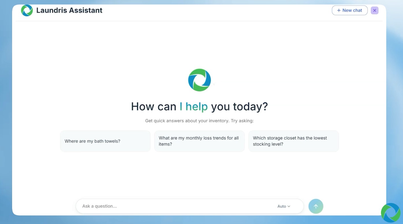 Screenshot of Laundris AI Assistant interface with text 'How can I help you today?' and example inventory questions: 'Where are my bath towels?', 'What are my monthly loss trends for all items?', and 'Which storage closet has the lowest stocking level?'. There is a text input box at the bottom for asking questions.