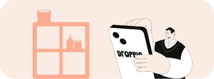 Een persoon bestelt producten via een app op een smartphone met de naam Droppie, naast een kast met verzorgingsproducten.