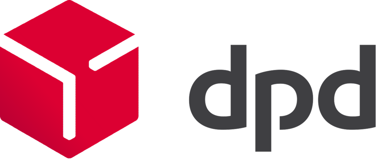 Het logo van DPD met een rood pakketvormig icoon links en de letters 'dpd' in zwarte kleine letters rechts.