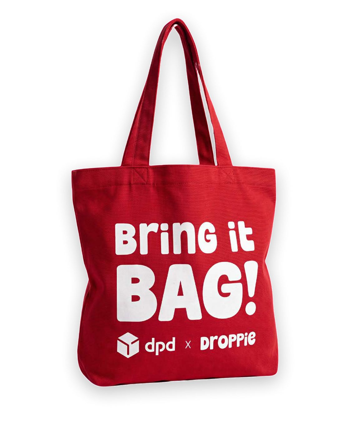 Rode draagtas met de tekst 'Bring it BAG!' van de Droppie x DPD actie
