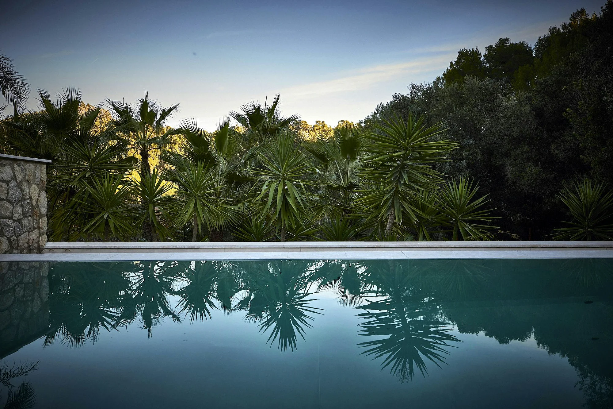 Infinity pool surrounded by lush vegetation and palm trees, with reflections in the water. Sunset view at the ByMilagro luxury vacation villa.