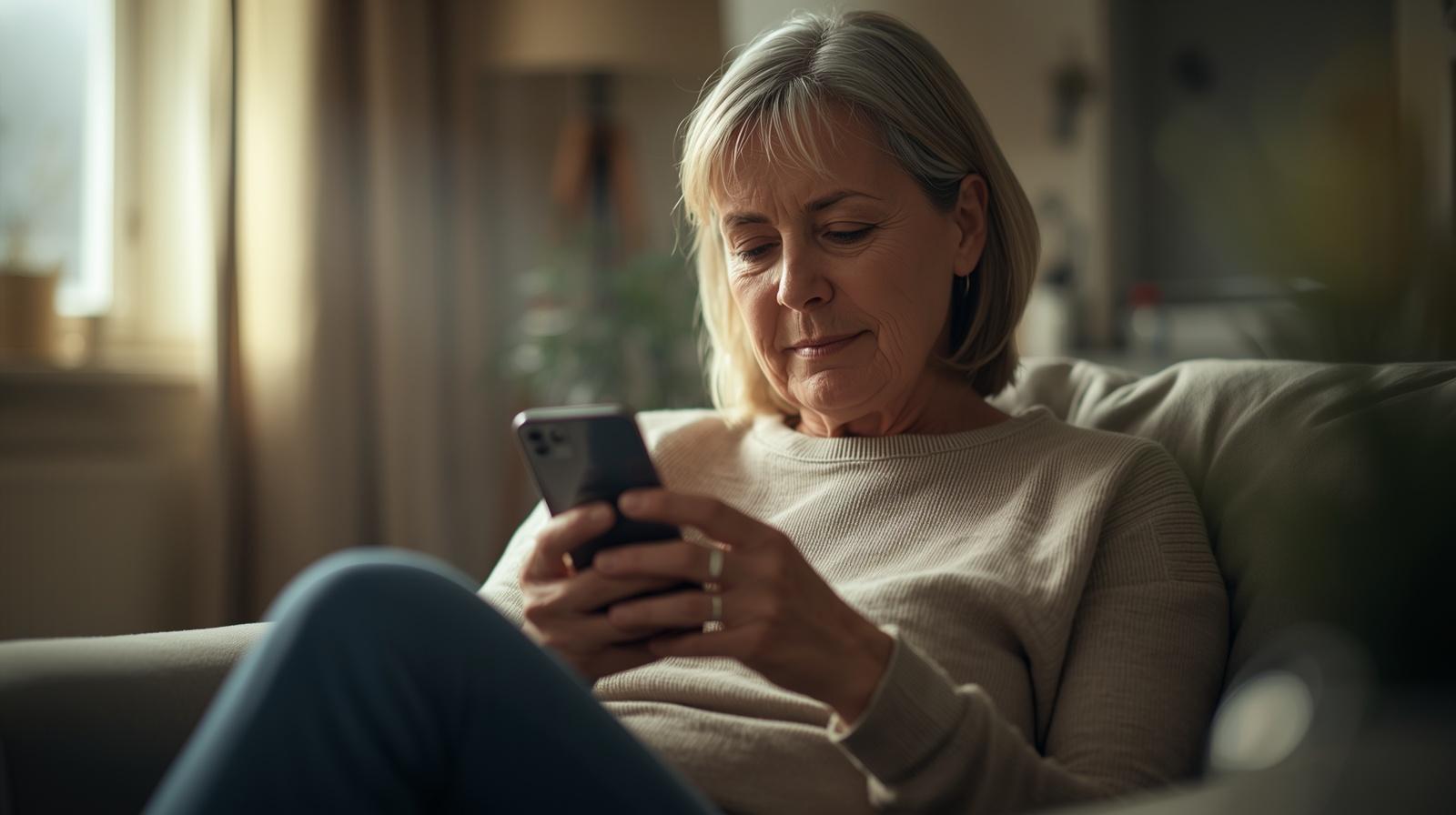 Frau zu Hause nutzt ein Smartphone für Gesundheitsunterstützung und Medikamentenmanagement.