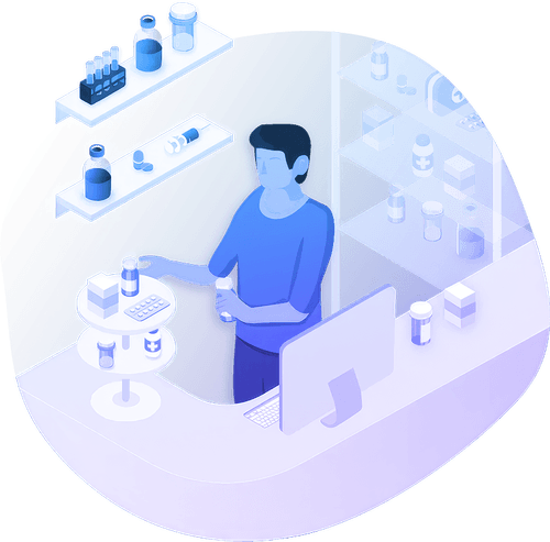 Illustration of pharmacist designing and setting up his store