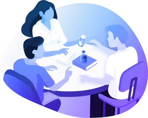 Illustration of pharmacist training employees on a table