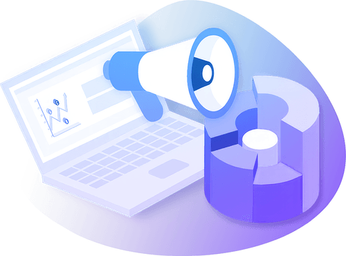 Illustration of computer and bullhorn with graphs
