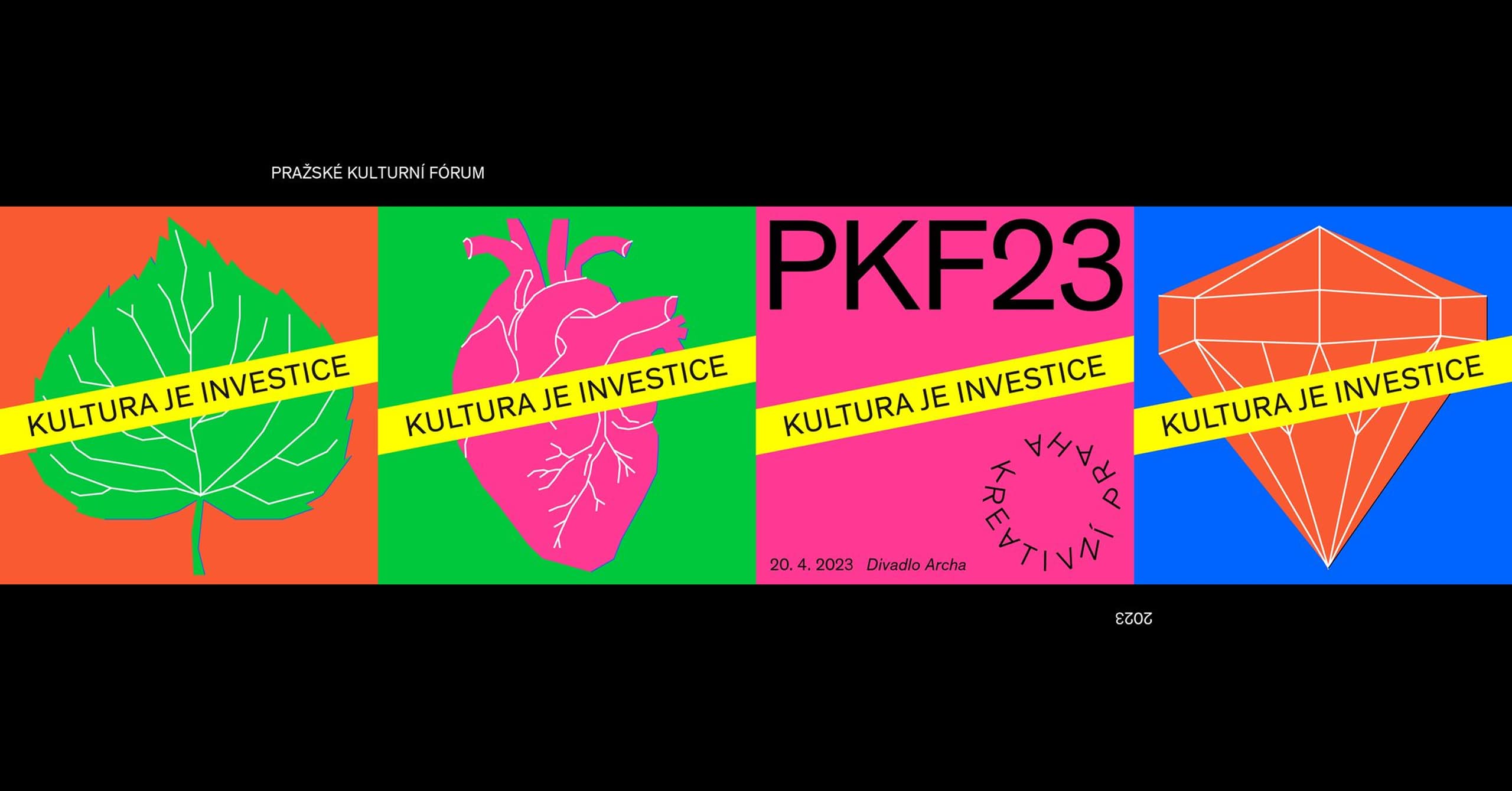 Barevná grafika se čtyřmi panely: zelený list na oranžovém pozadí, růžové anatomické srdce na zeleném pozadí, růžový panel s textem PKF23 a kulatými černými písmeny a oranžový kosočtverec na modrém pozadí; každý panel protíná žlutý pruh s nápisem „KULTURA JE INVESTICE“.