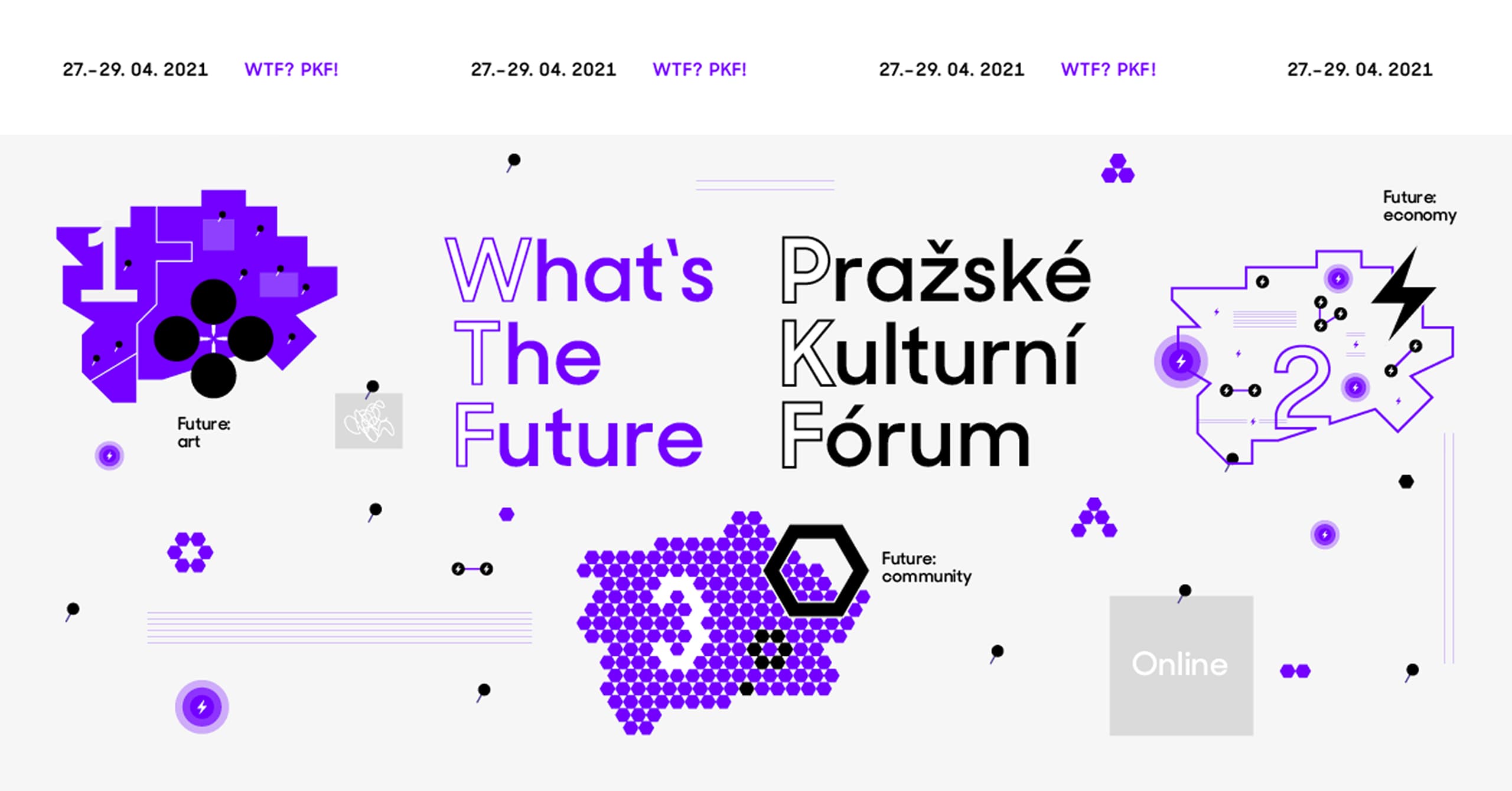 Banner akce Pražského kulturního fóra s názvem „What's The Future“ (Jaká je budoucnost) s tematickými sekcemi Budoucnost: umění, Budoucnost: ekonomika a Budoucnost: komunita vyznačenými na stylizovaných mapách s čísly 1, 2 a 3, datované 27.–29. dubna 2021.