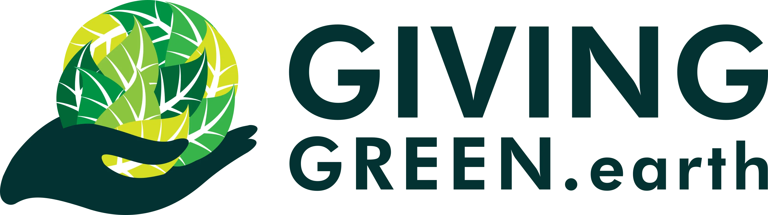 Logo of a hand holding a circle made of green leaves next to the text GIVING GREEN.earth