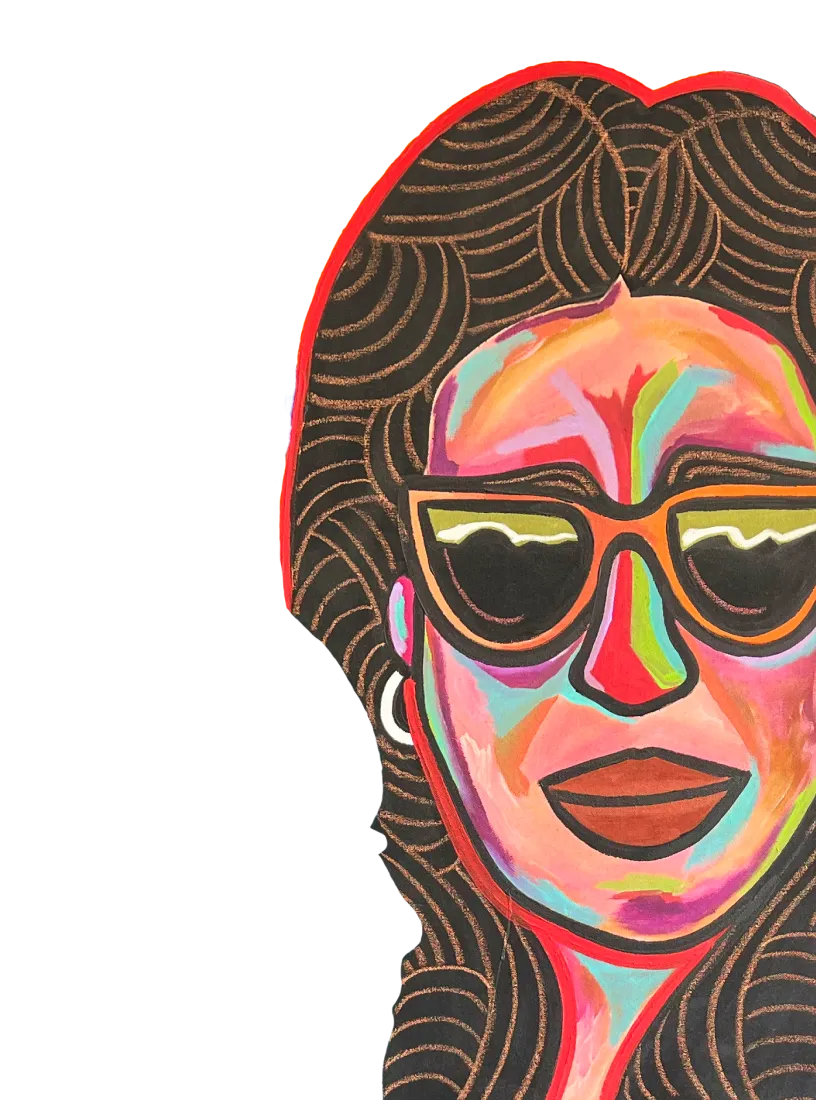 Abstract colorful portrait of a person with wavy hair, large sunglasses, and hoop earrings outlined in red.