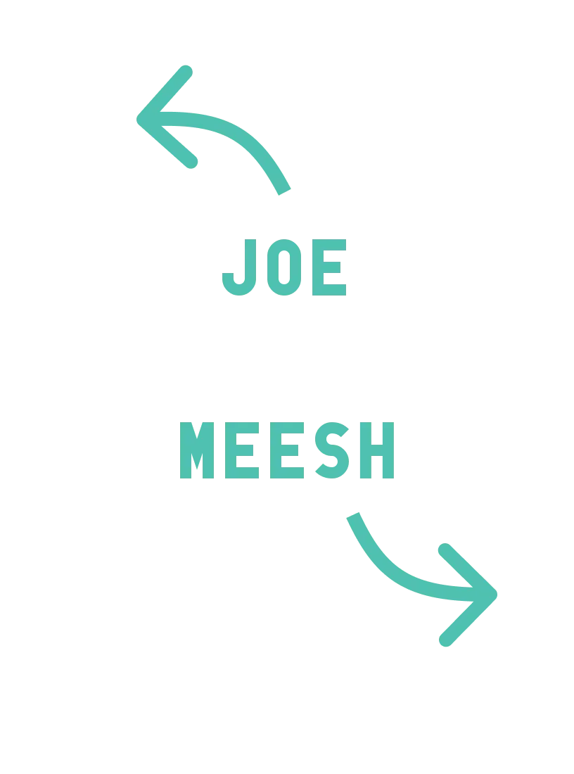 Two teal arrows point in opposite directions with the names Joe and Meesh, Joe arrow points left, Meesh arrow points right.
