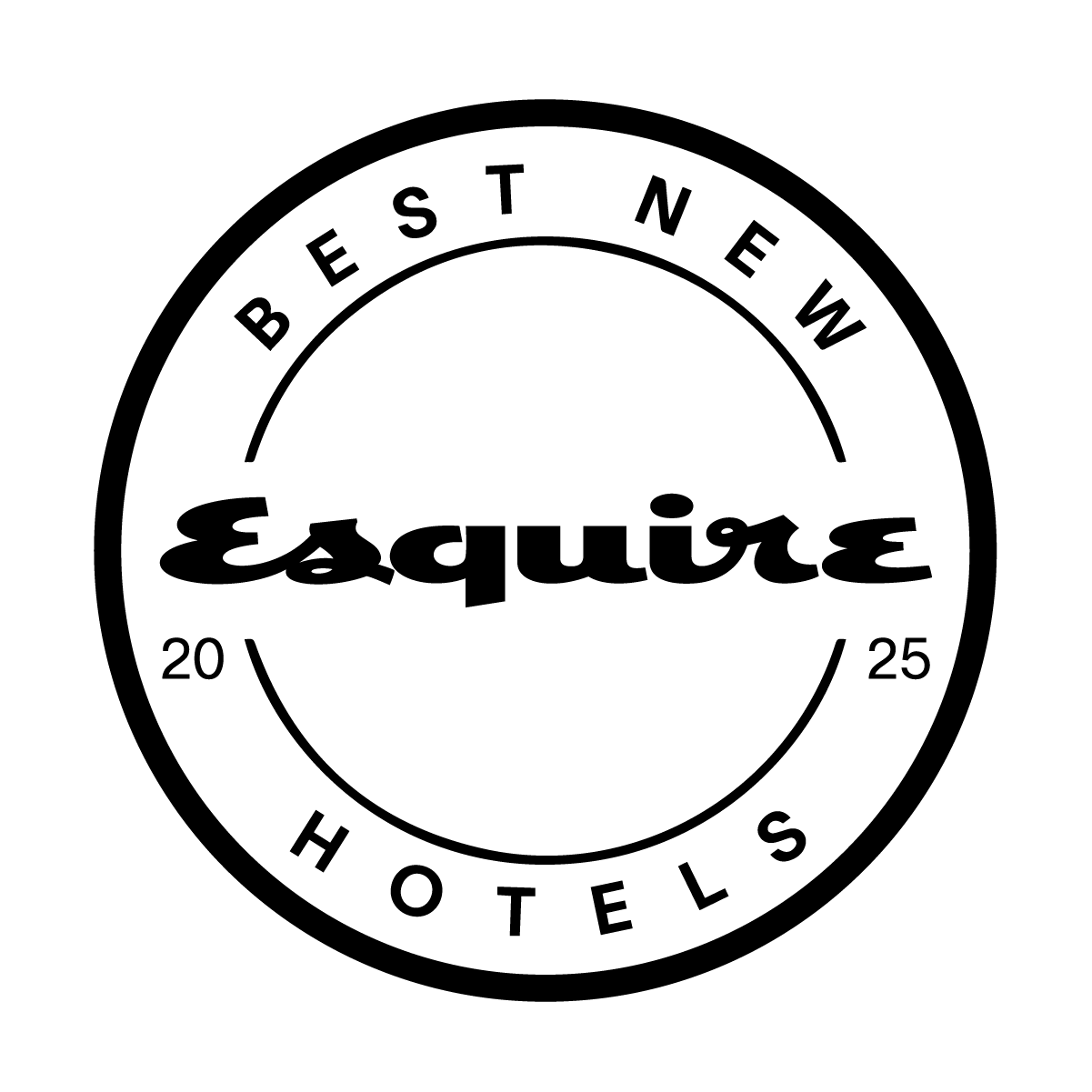 Esquire Best New Hotels 2025 circular badge logo.
