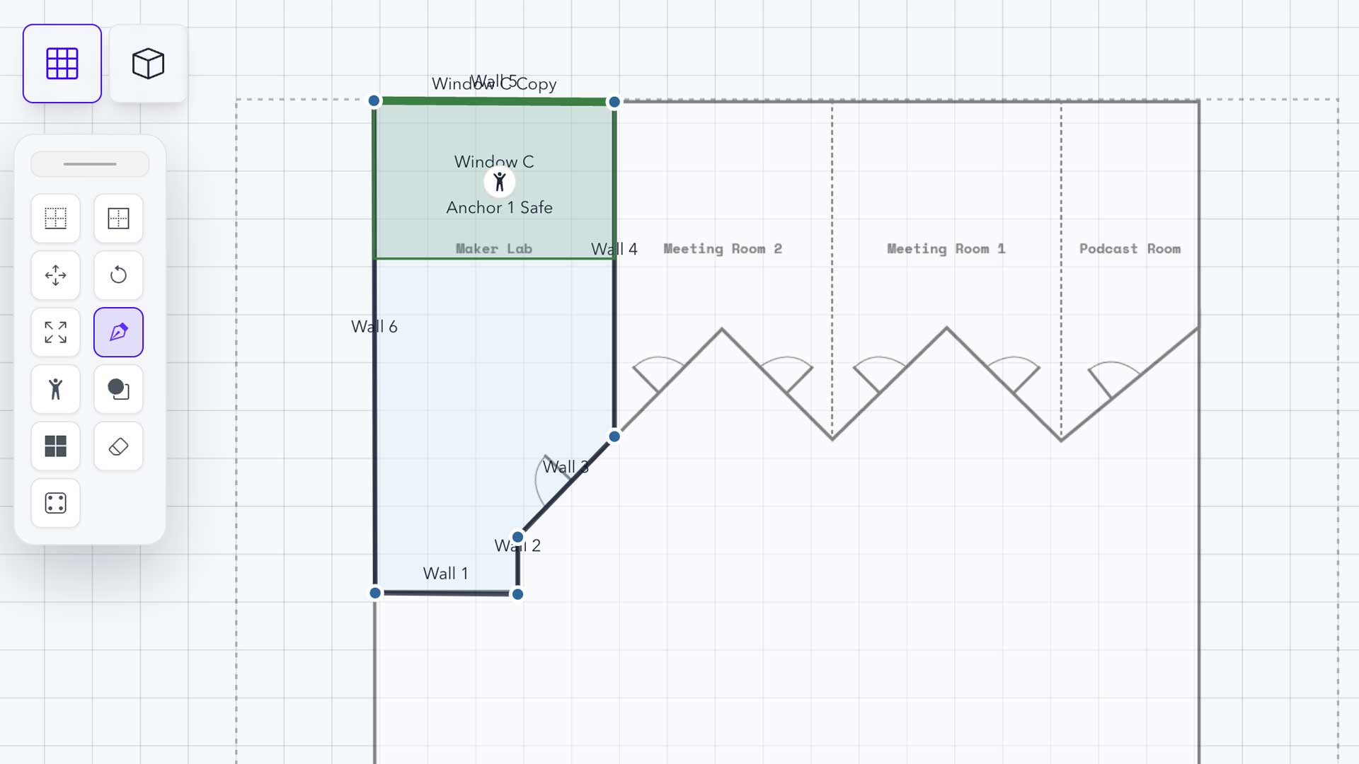 Clipped image of Space Builder's workflow. This image shows the sketching functionality.