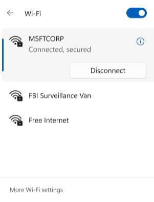 Wi-fi menu with list of networks to connect to.
