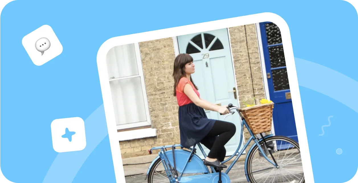 A woman riding a bike with a basket.