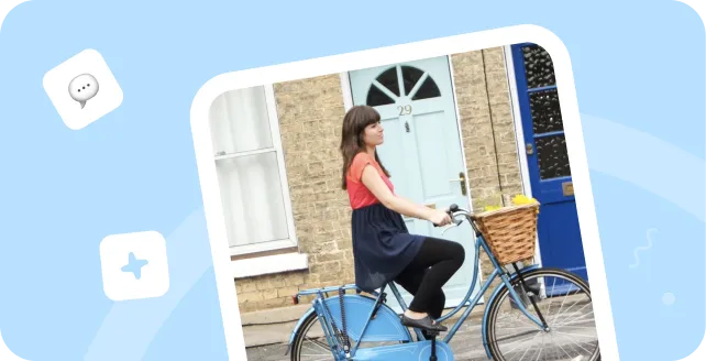 A woman riding a bike with a basket.