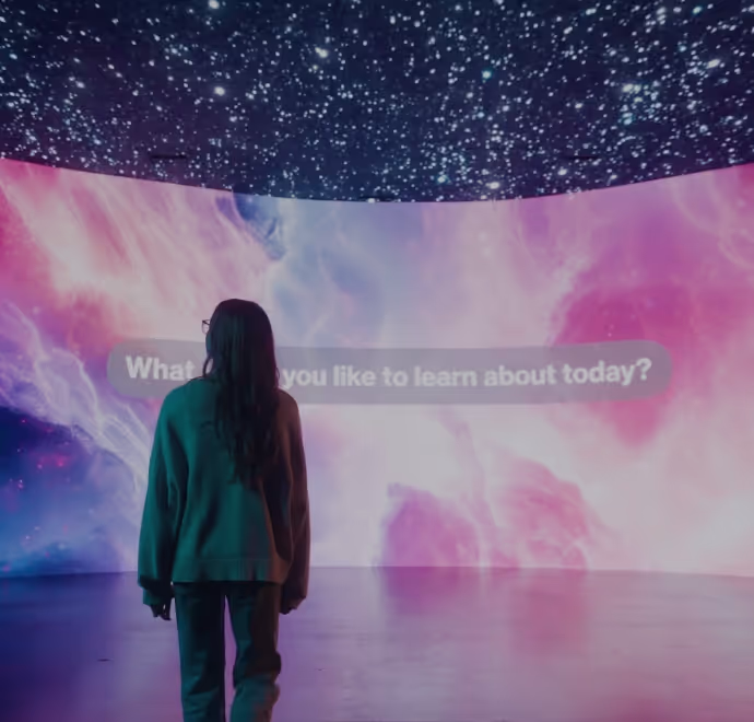 Vu Experiences Mode showing a woman immersed in a 3D wraparound video environment