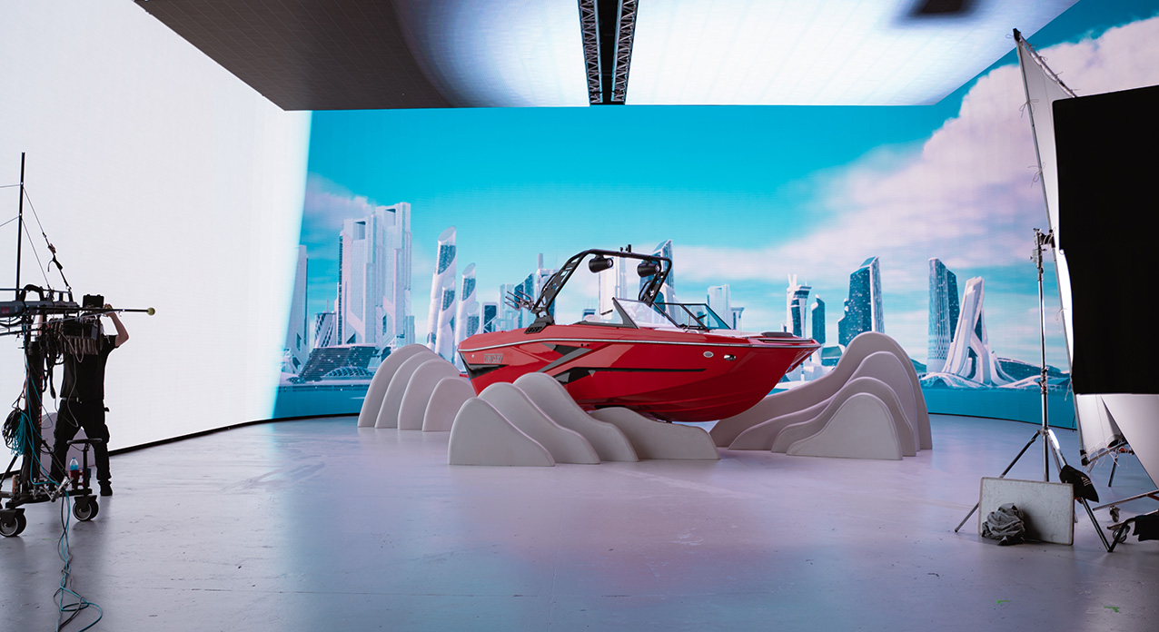 Boat on prop waves in a Vū virtual production stage