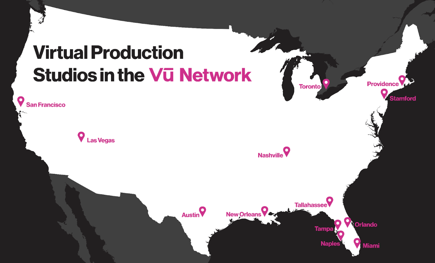 A map of virtual production studios in the Vū Network.