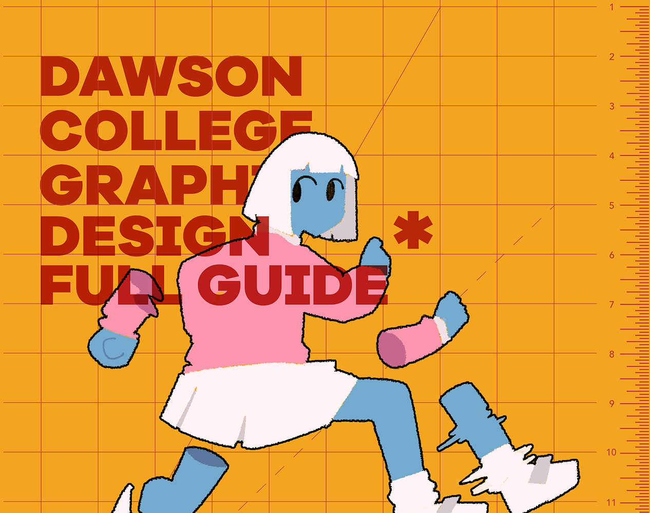 A cute and carefree zombie girl running for dear life from being cut on the yellow cutting mat. Thumbnail to the Dawson college graphic design full guide, publication design project.