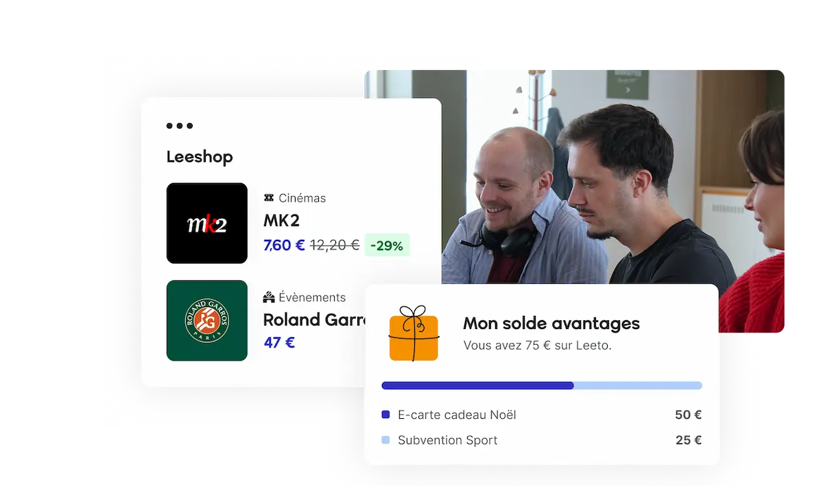 Plateforme de gestion des avantages salariés Leeto. Solde d'avantage salarié disponible en temps réel et billetterie CSE en ligne.