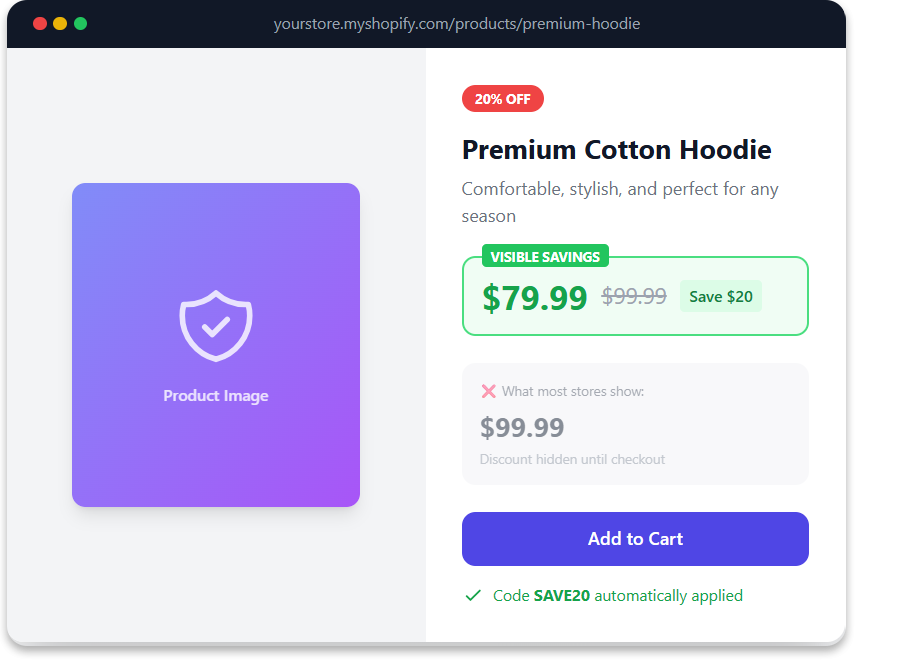 Shopify product page showing strike-through pricing with visible discount