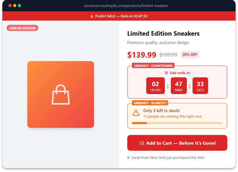 Countdown timer creating urgency on Shopify product page"