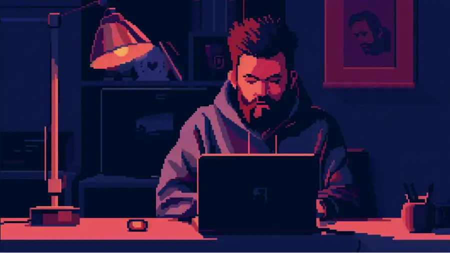 Pixel art style image of a bearded man working on a laptop at a desk with a lit desk lamp and a framed picture on the wall.
