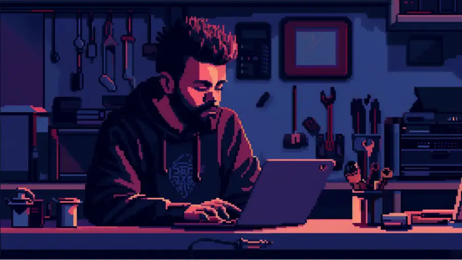 Pixel art of a man with a beard working on a laptop at a workshop table with tools hanging on the wall behind him.