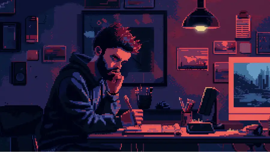 Pixel art of a bearded man writing at a desk in a dimly lit room with framed pictures and a computer monitor.