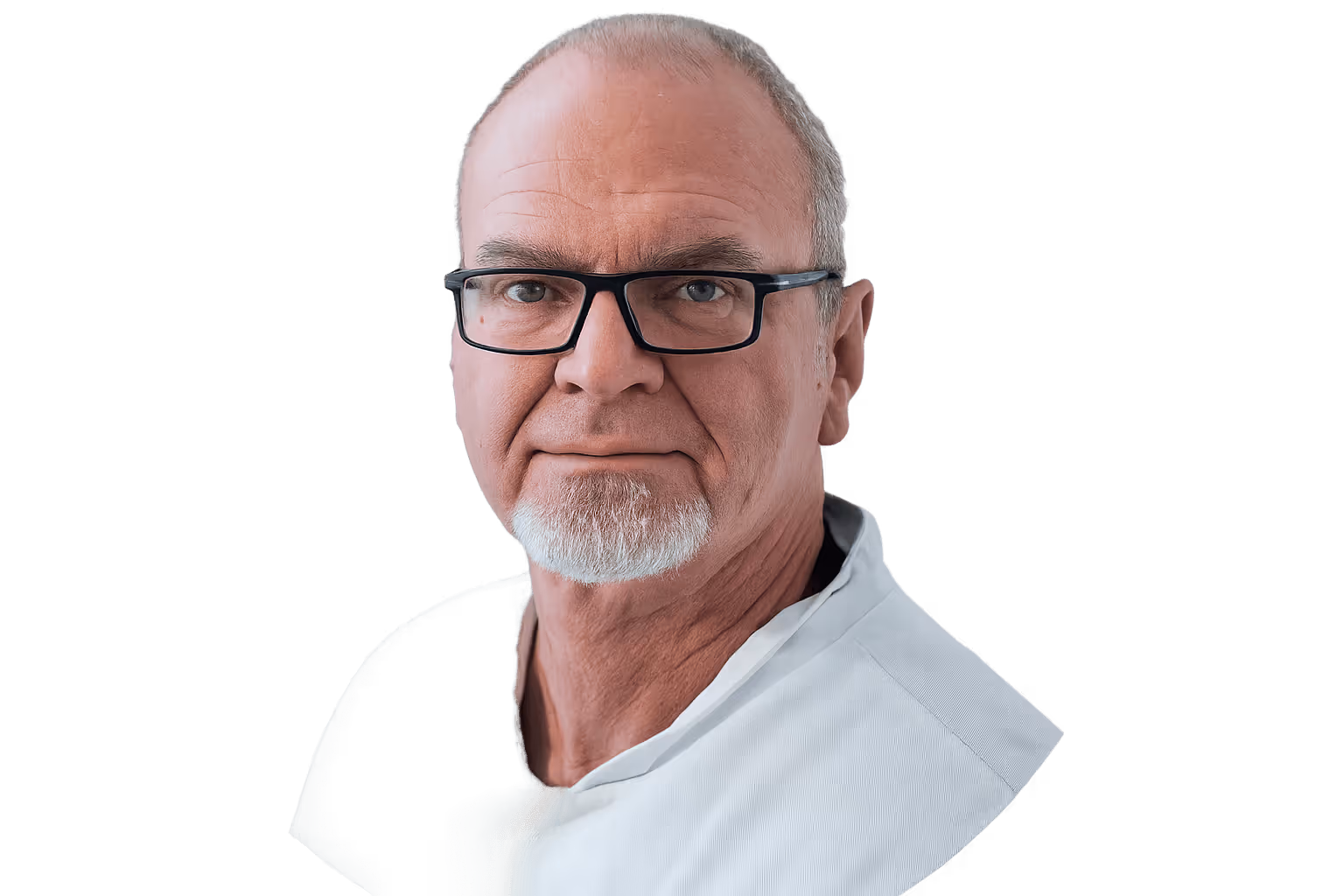 Portrait of a middle-aged man with glasses, short gray hair, and a white beard wearing a white shirt.