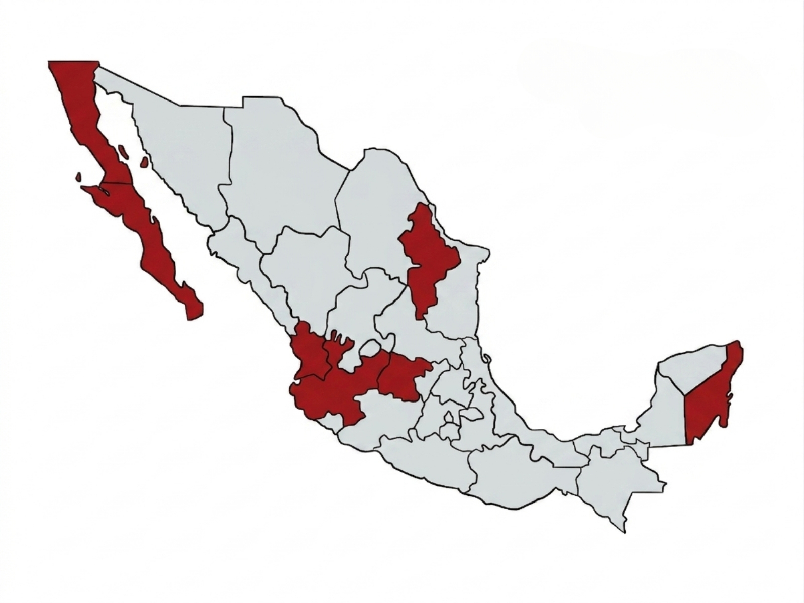 Mapa de México con estados donde CERTIS ha tenido participación en proyectos: Baja California, Baja California Sur, Nuevo León, Nayarit, Jalisco, Guanajuato y Quintana Roo