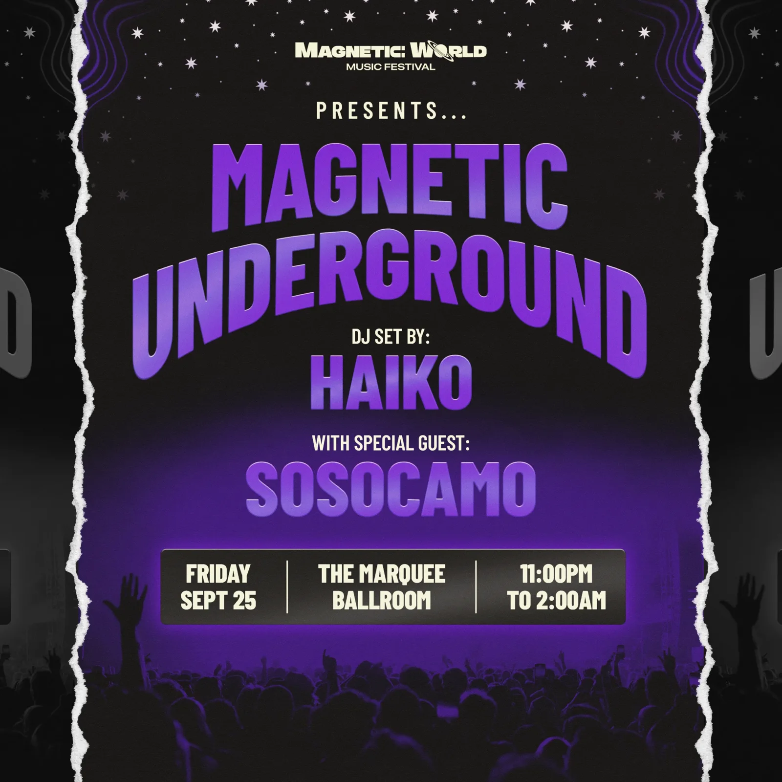 Magnetic Underground, DJ set by Haiko with special guest sosocamo, Friday Sept 25, The Marquee Ballroom, 11 PM to 2 AM