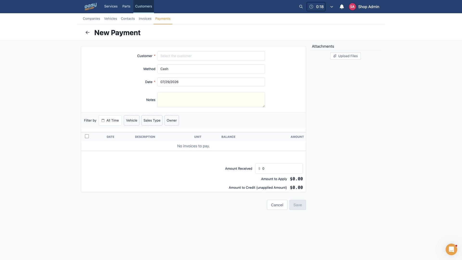 Easy Truck Shop New Payment screen showing customer, payment method, invoice selection, and payment amounts