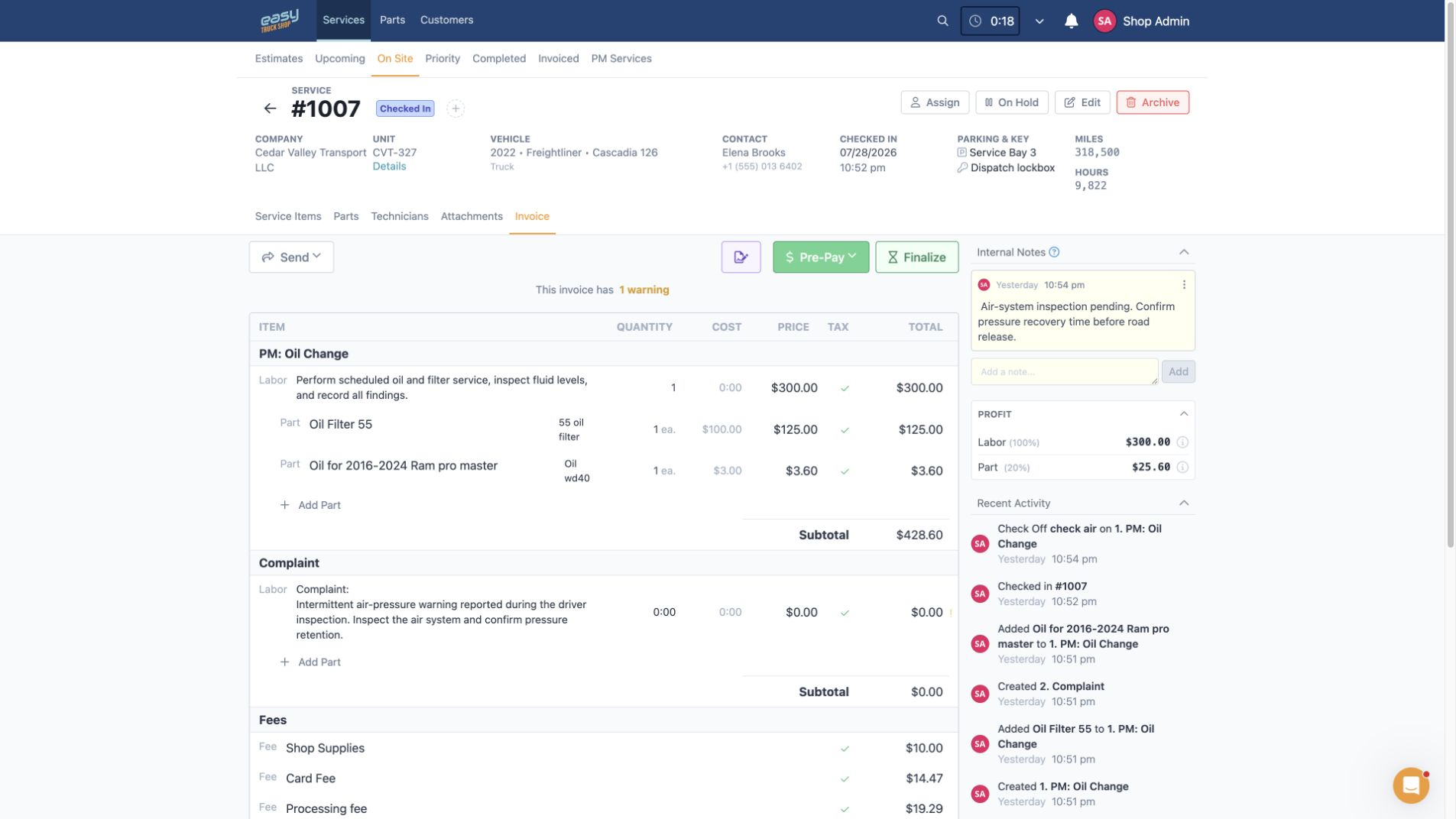 Easy Truck Shop invoice review showing labor, parts, fees, Pre-Pay, and Finalize controls