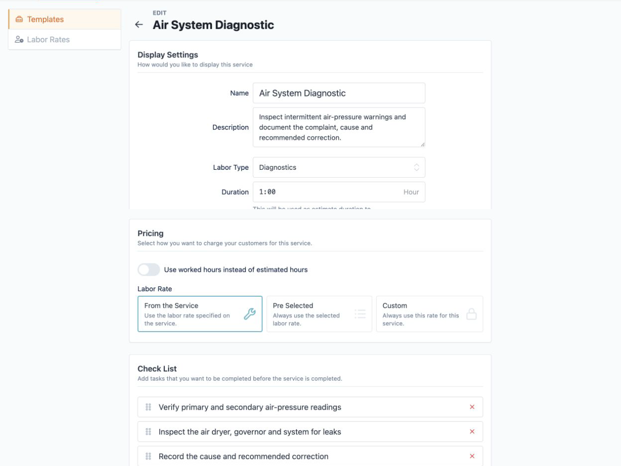 Easy Truck Shop service template showing labor type, estimated duration, rate behavior, and checklist tasks