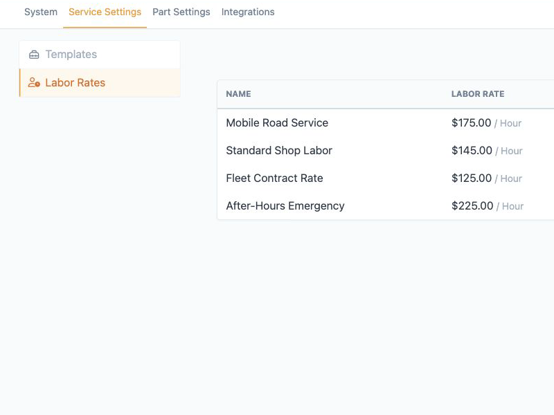 Easy Truck Shop settings for configurable global and customer-specific labor rates