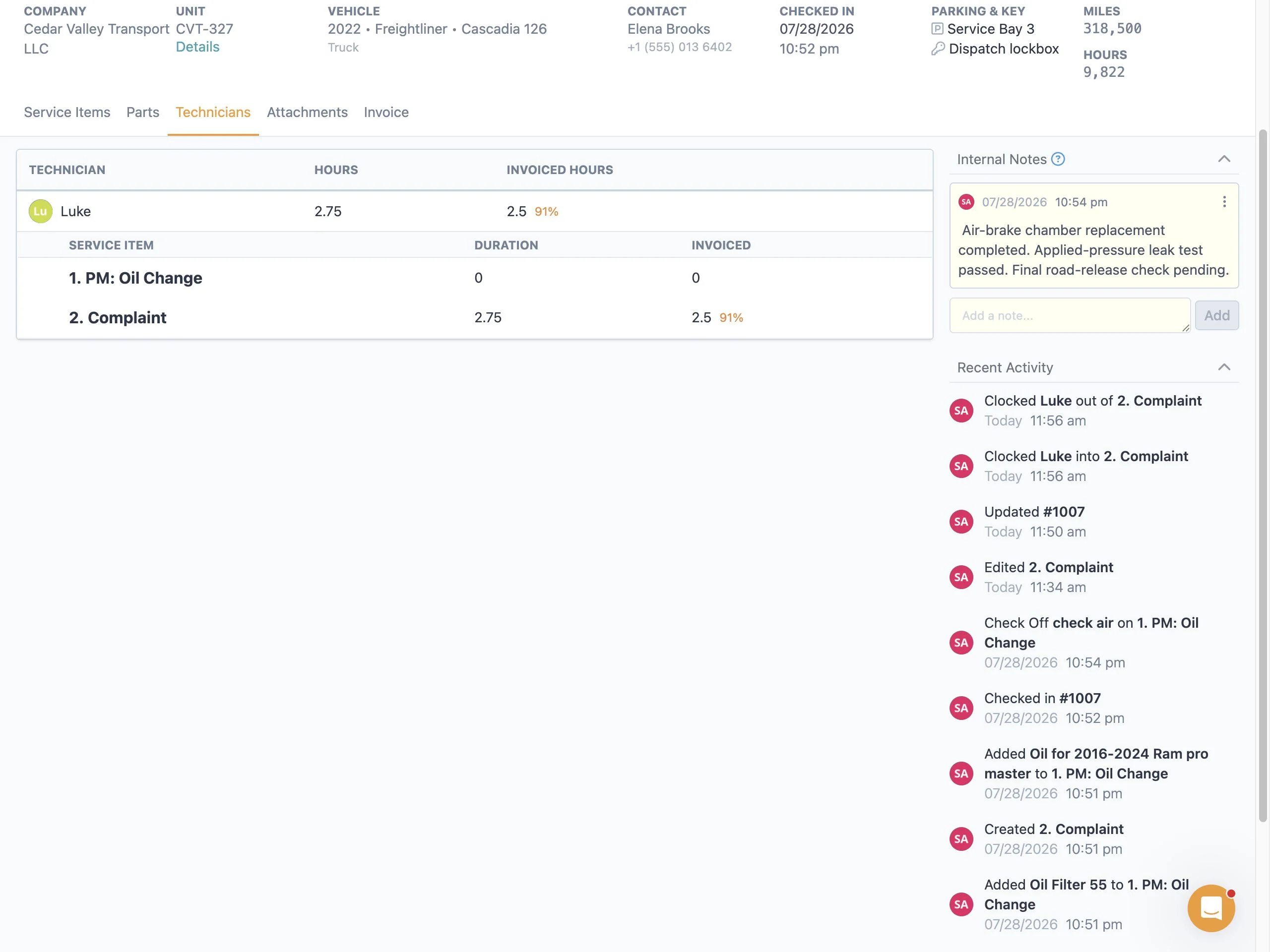 Easy Truck Shop work order showing 2.75 worked hours, 2.5 invoiced hours, and 91 percent labor efficiency for a fictional brake-chamber repair