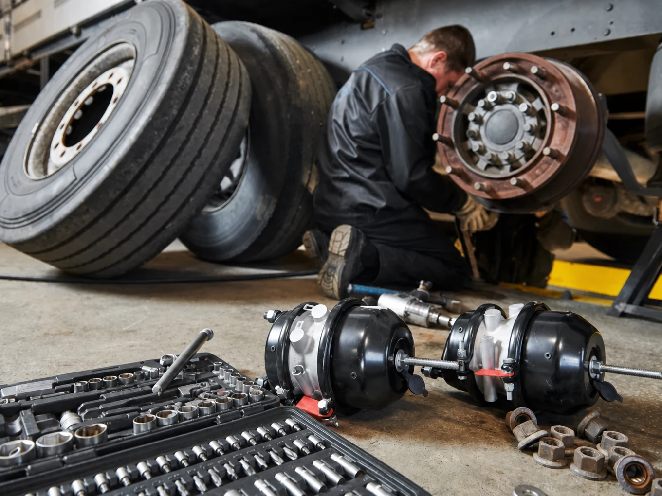 Technician inspecting a heavy-duty truck air-brake chamber and surrounding components before estimating repair labor