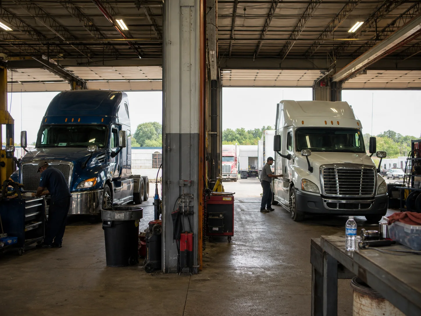 Two semi trucks in active heavy-duty repair shop service bays with technicians working nearby