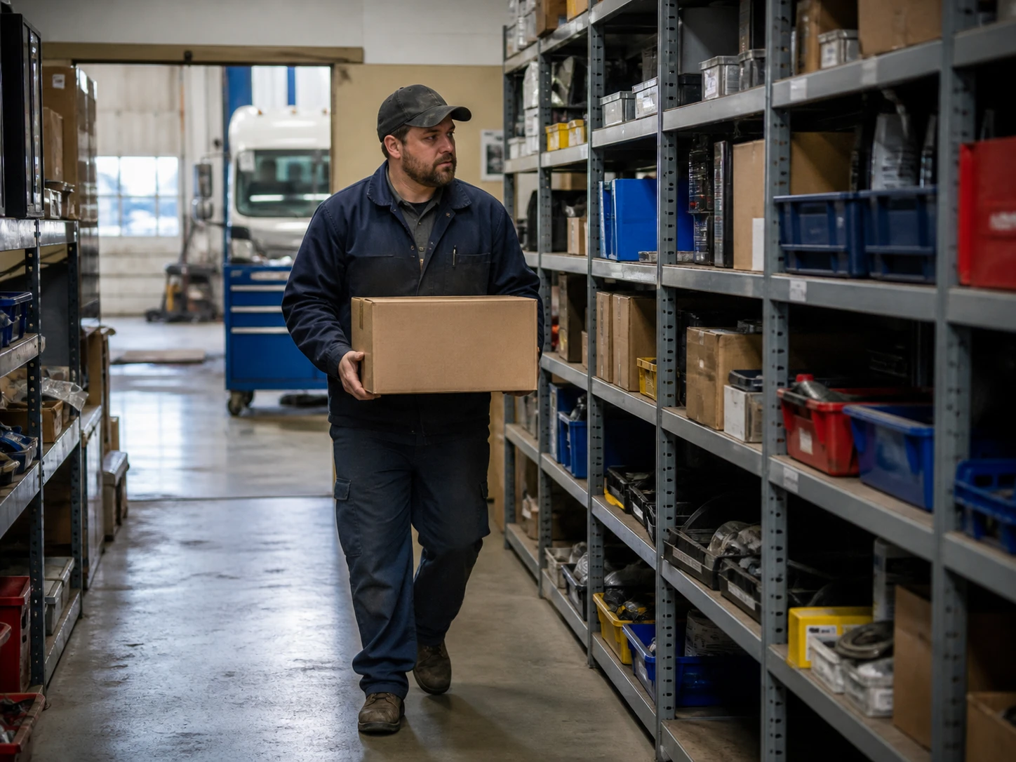 Heavy-duty repair shop employee carrying a sealed parts box beside storage shelves