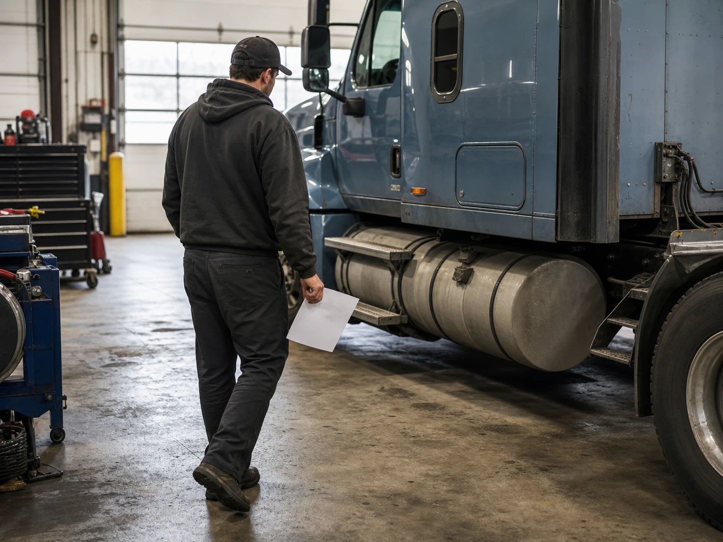 Technician performing a final quality check on a heavy-duty truck