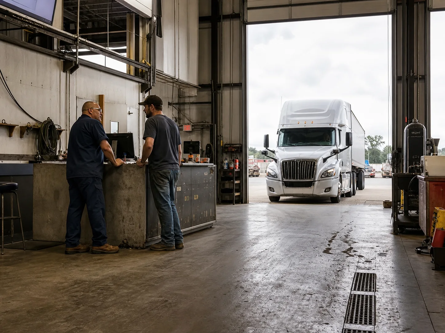 Two people discussing a service check-in as a semi truck arrives at a heavy-duty repair shop