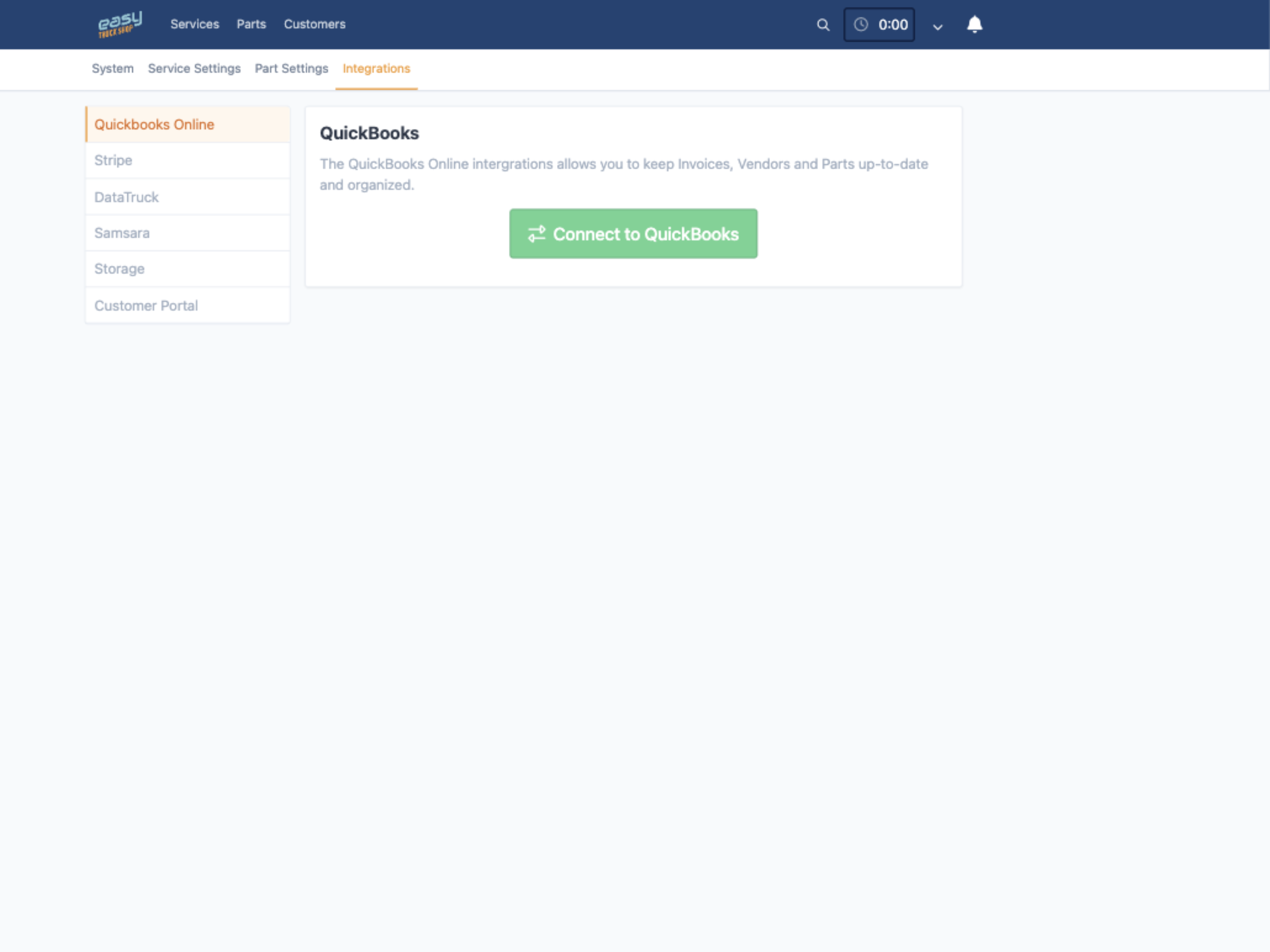 Easy Truck Shop QuickBooks Online integration page with the Connect to QuickBooks button