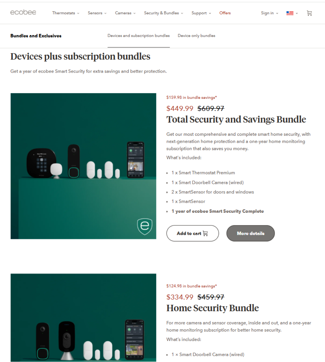 Partial screenshot of ecobee.com bundles category page