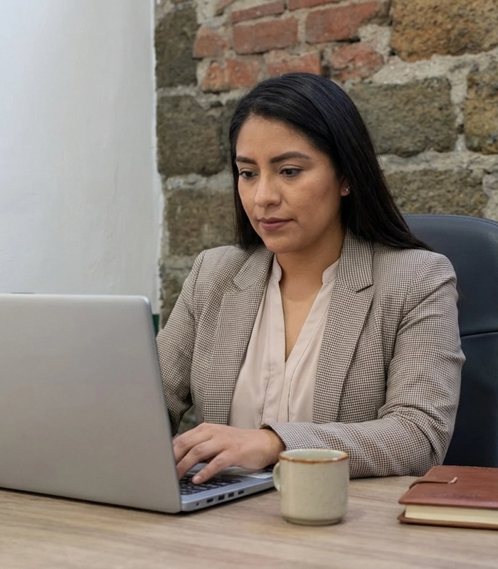 mujer ejecutiva trabajando en oficina con computadora y taza de cafe