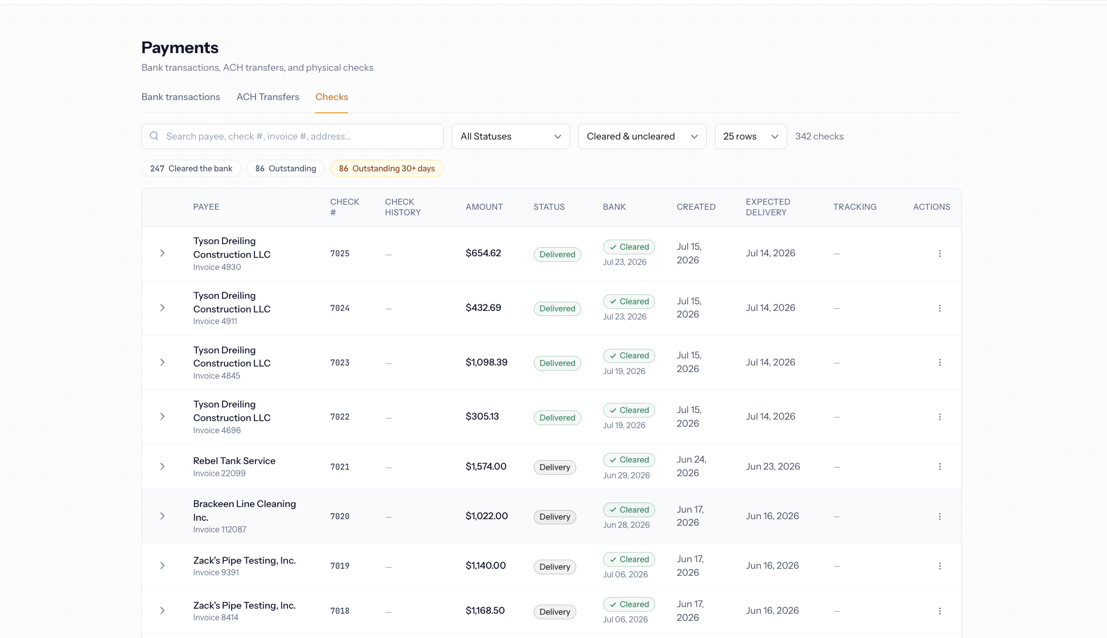 Joltly Payments page showing ACH transfers and mailed checks with payee, amount, status, and delivery tracking.