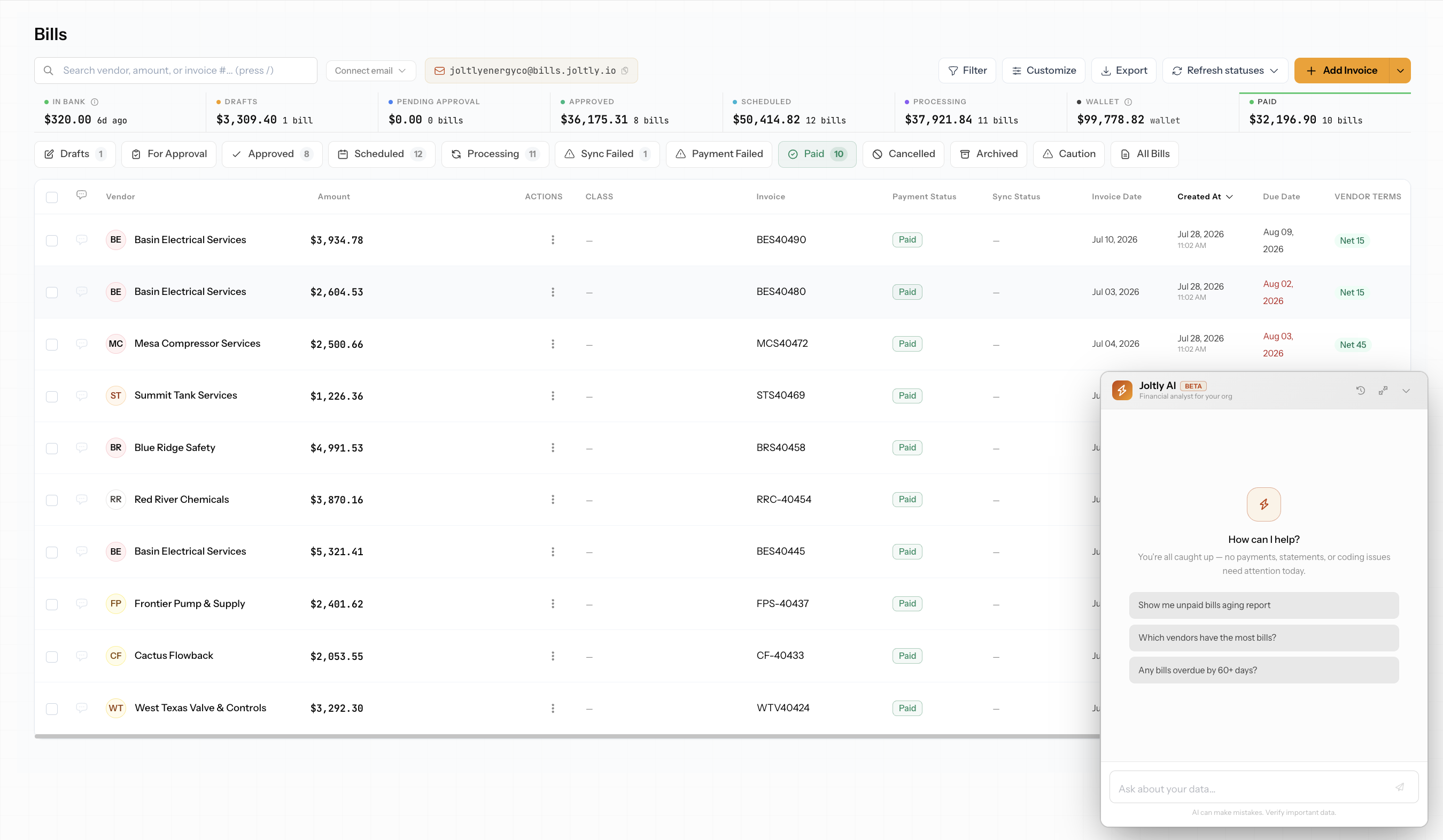 Joltly Bills dashboard showing paid invoices and status totals