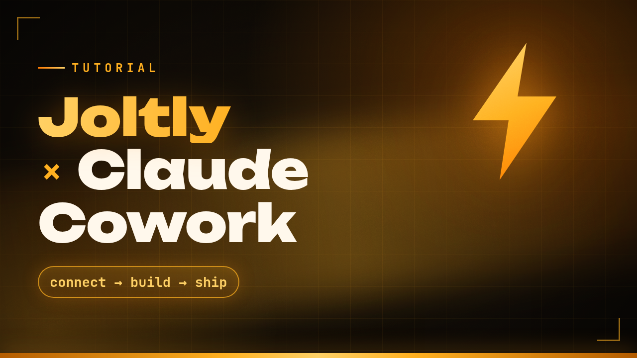 Joltly × Claude Cowork tutorial graphic in black and amber